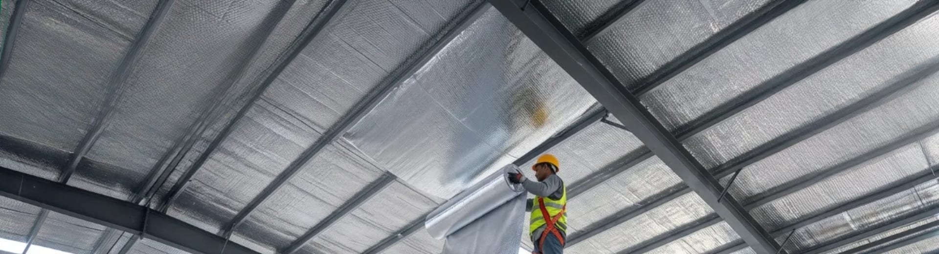 Installer fitting reflective foil bubble insulation to the underside of a pre-engineered building roof.