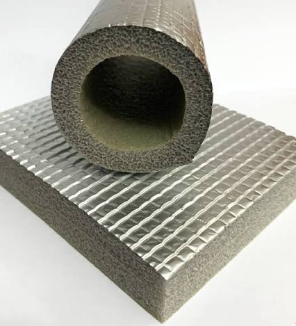 Foil-faced XLPE foam pipe section and sheet insulation used in HVAC and piping applications.